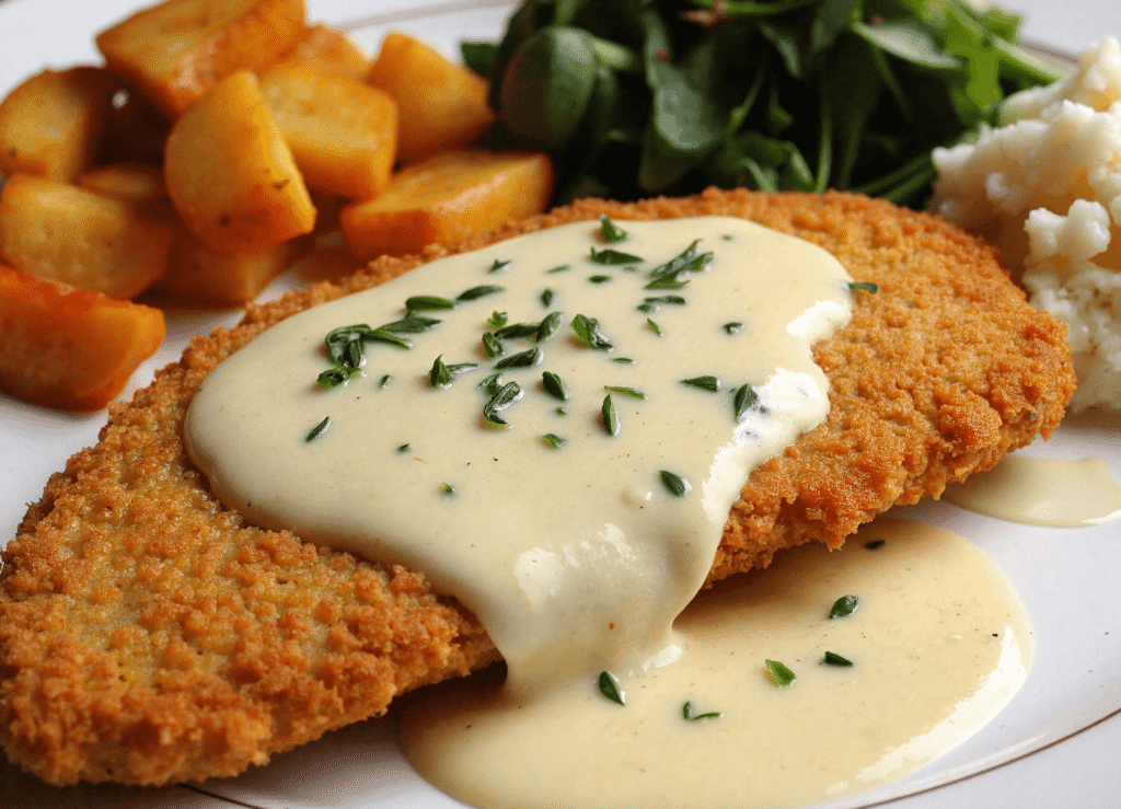 Crispy chicken cutlet topped with creamy garlic butter sauce, served with roasted potatoes, greens, and mashed potatoes.