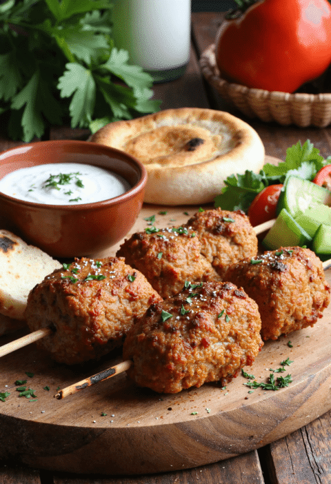 Juicy chicken kofta skewers served with creamy garlic yogurt sauce, pita bread, and fresh Mediterranean vegetables.