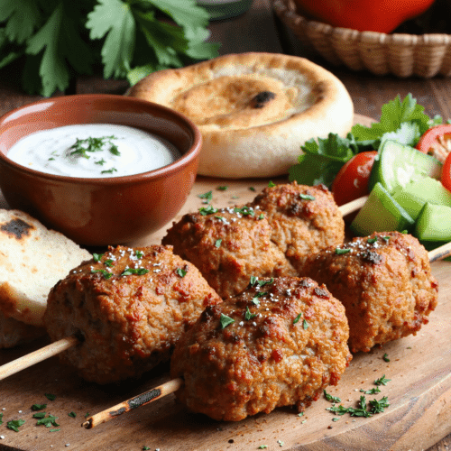 Juicy chicken kofta skewers served with creamy garlic yogurt sauce, pita bread, and fresh Mediterranean vegetables.