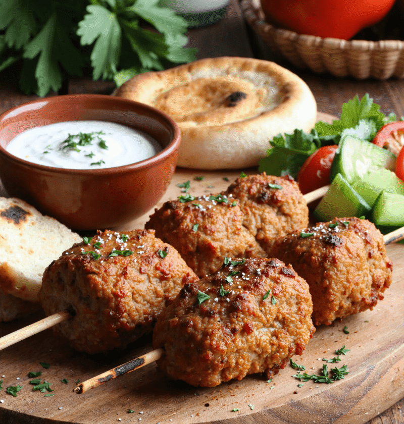 Juicy chicken kofta skewers served with creamy garlic yogurt sauce, pita bread, and fresh Mediterranean vegetables.
