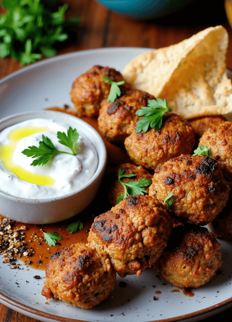 Mediterranean chicken kofta meatballs with garlic yogurt dip, fresh parsley, and warm pita bread on a plate.