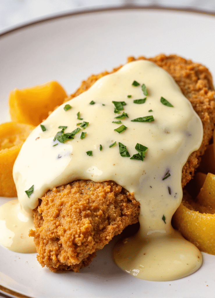 Crispy breaded parmesan chicken breast with creamy cheese sauce and parsley garnish, served with pasta.