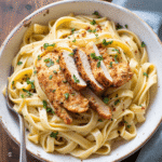 Sliced cowboy butter chicken on top of creamy linguine with garlic butter sauce, garnished with parsley and chili flakes.