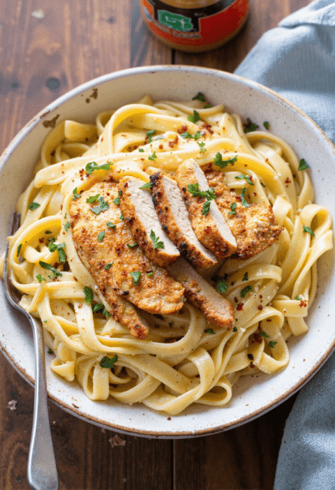 Sliced cowboy butter chicken on top of creamy linguine with garlic butter sauce, garnished with parsley and chili flakes.