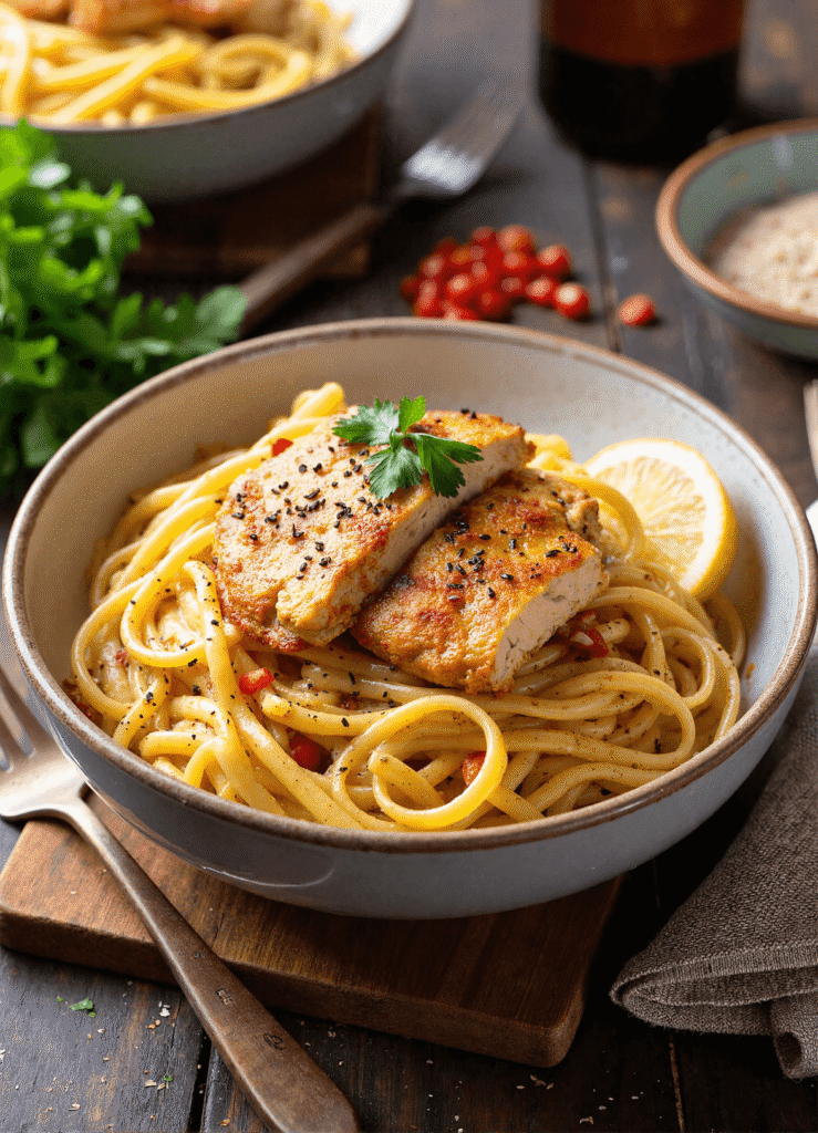 Golden-seared cowboy butter chicken served over linguine tossed in a buttery garlic sauce with lemon and herbs.