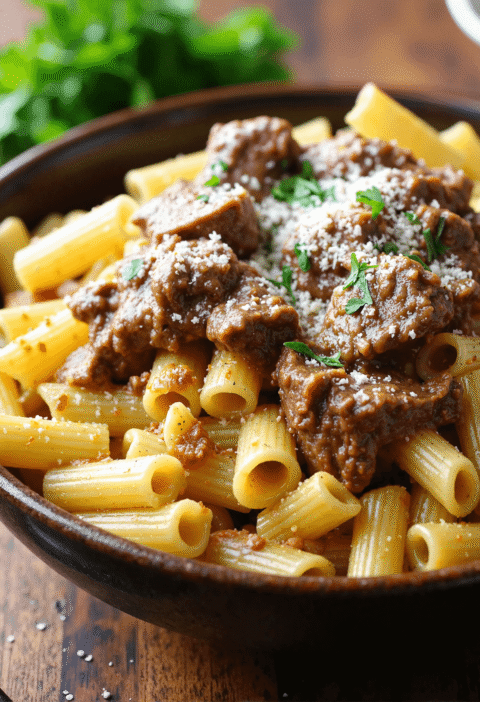 A hearty bowl of rigatoni pasta topped with tender beef chunks coated in creamy garlic butter sauce, sprinkled with Parmesan and parsley.