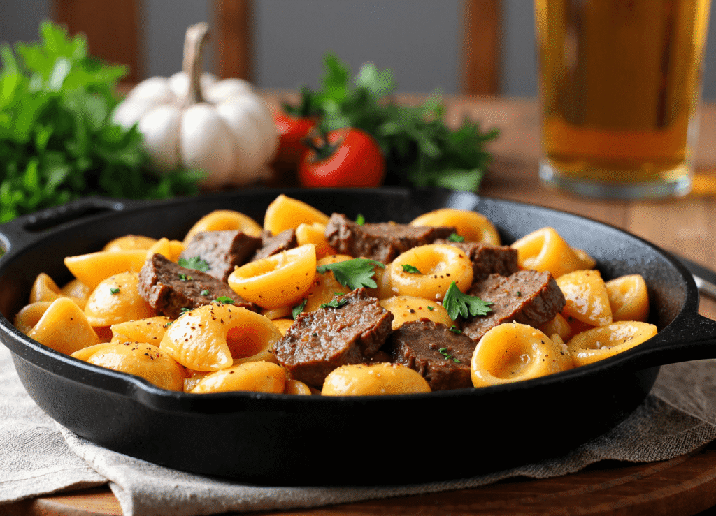 Creamy paprika steak shells served in a black cast-iron skillet with tender beef pieces, fresh parsley garnish, and smoky garlic sauce.