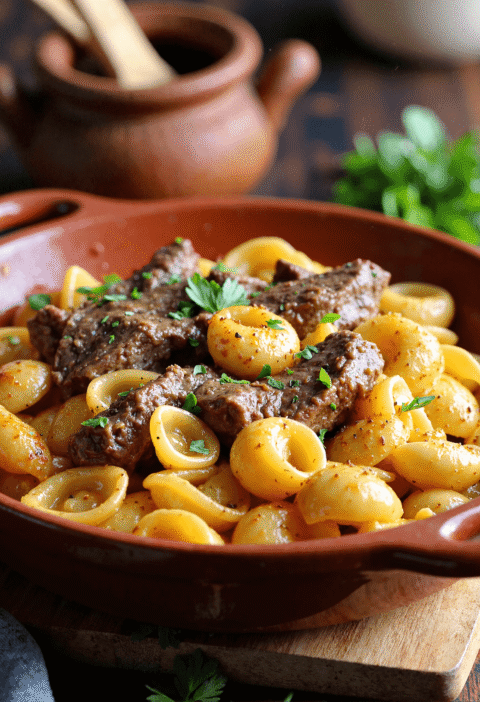 Close-up of creamy paprika steak shells in a rustic terracotta bowl with juicy seared beef strips, pasta shells, and smoky garlic sauce.
