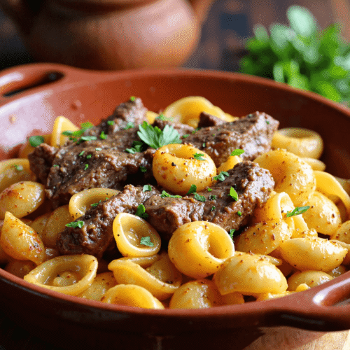 Close-up of creamy paprika steak shells in a rustic terracotta bowl with juicy seared beef strips, pasta shells, and smoky garlic sauce.