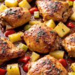 Sheet pan chicken thighs with roasted pineapple, bell peppers, and tomatoes topped with herbs.