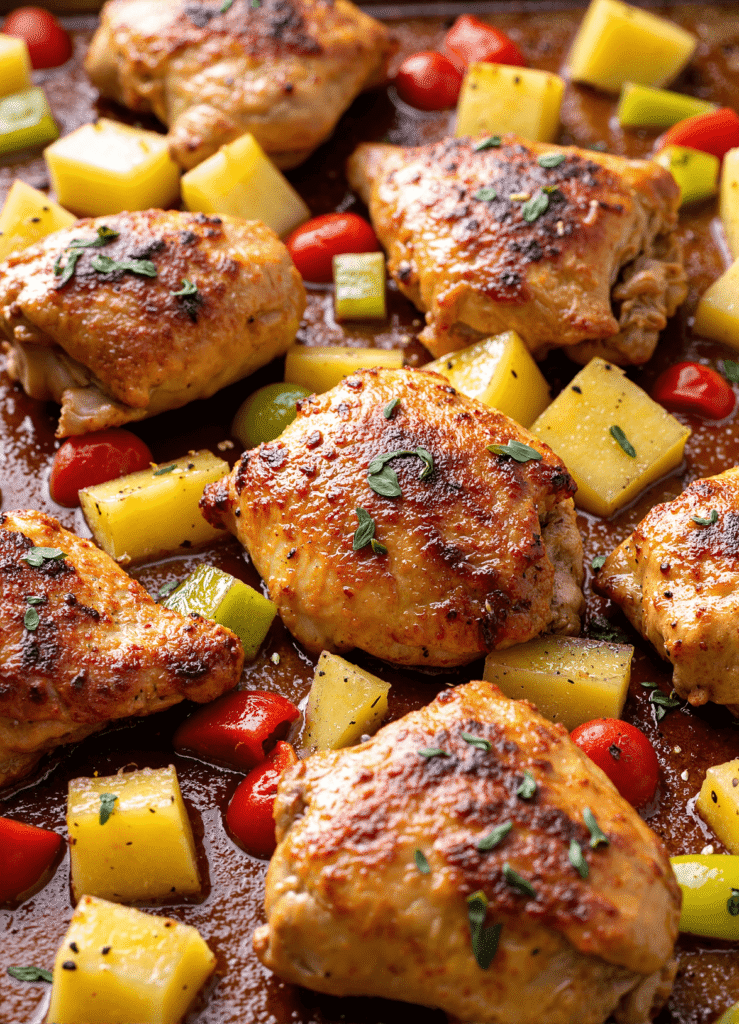 Sheet pan chicken thighs with roasted pineapple, bell peppers, and tomatoes topped with herbs.