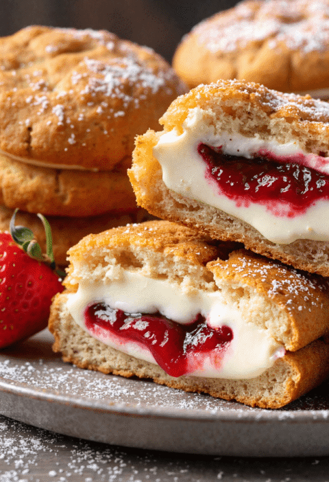Golden fried cheesecake sandwiches filled with creamy filling and strawberry preserves, cut open to reveal the center.