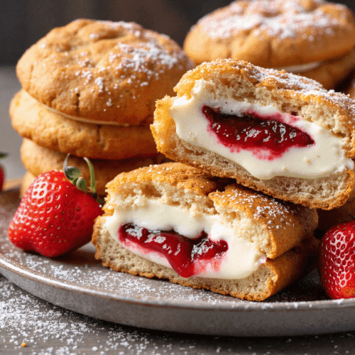 Golden fried cheesecake sandwiches filled with creamy filling and strawberry preserves, cut open to reveal the center.