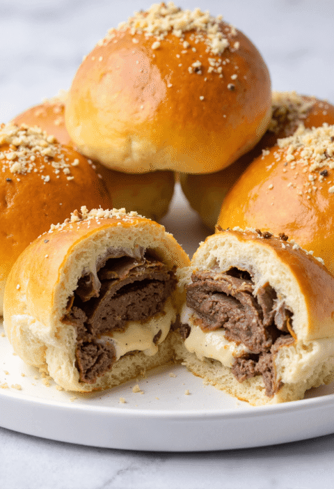 Golden baked cheeseburger bombs filled with ground beef and melted cheese, topped with garlic Parmesan crumbs.