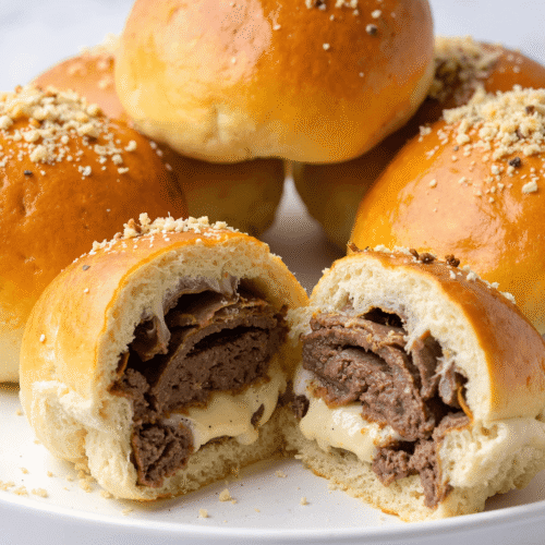 Golden baked cheeseburger bombs filled with ground beef and melted cheese, topped with garlic Parmesan crumbs.