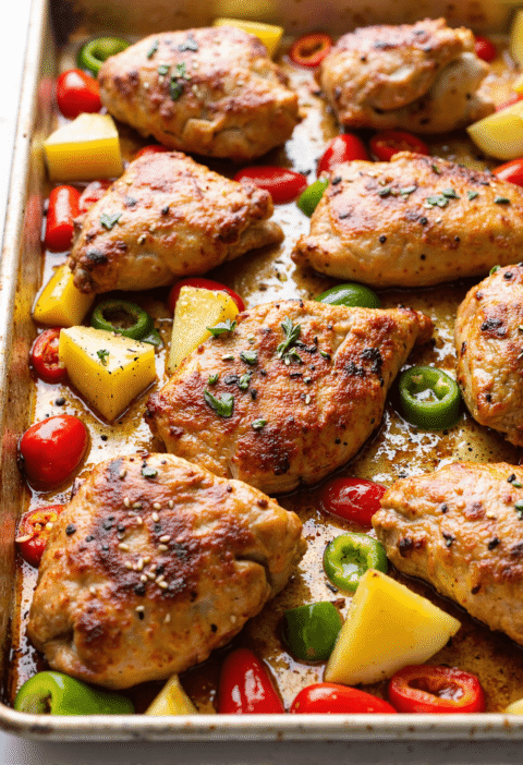 Roasted chicken thighs with pineapple chunks, cherry tomatoes, and peppers on a sheet pan.