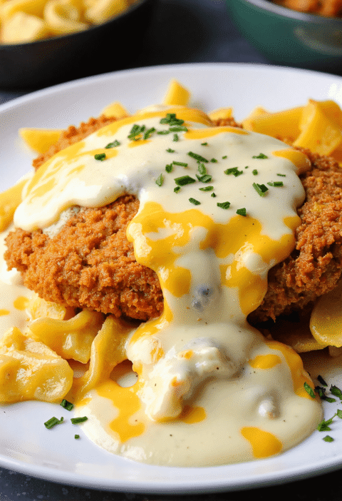 Crispy parmesan chicken breast topped with creamy white cheese sauce and cheddar drizzle, served over buttered pasta.