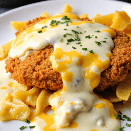 Crispy parmesan chicken breast topped with creamy white cheese sauce and cheddar drizzle, served over buttered pasta.