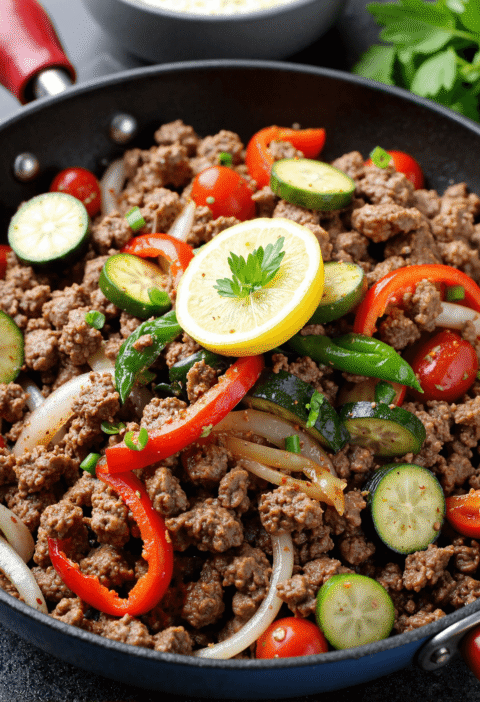 Ground beef stir fry with zucchini, bell peppers, onions, and cherry tomatoes, topped with a slice of lemon and fresh parsley.