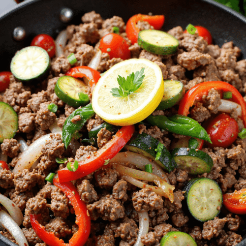 Ground beef stir fry with zucchini, bell peppers, onions, and cherry tomatoes, topped with a slice of lemon and fresh parsley.