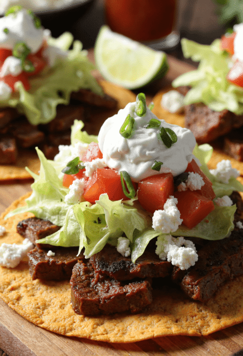 Authentic Mexican tostada de carne asada with crispy tortilla shell, grilled steak, lettuce, tomatoes, queso fresco, and Mexican crema.
