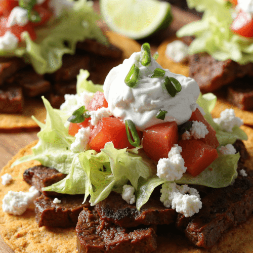 Authentic Mexican tostada de carne asada with crispy tortilla shell, grilled steak, lettuce, tomatoes, queso fresco, and Mexican crema.