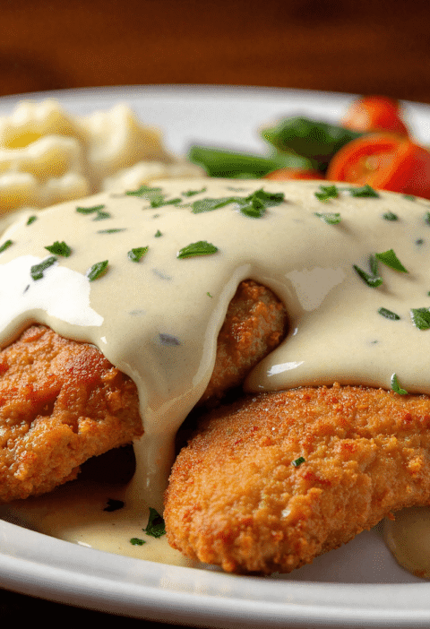 Pan-fried chicken cutlets covered in garlic butter cream sauce with mashed potatoes, green beans, and cherry tomatoes.