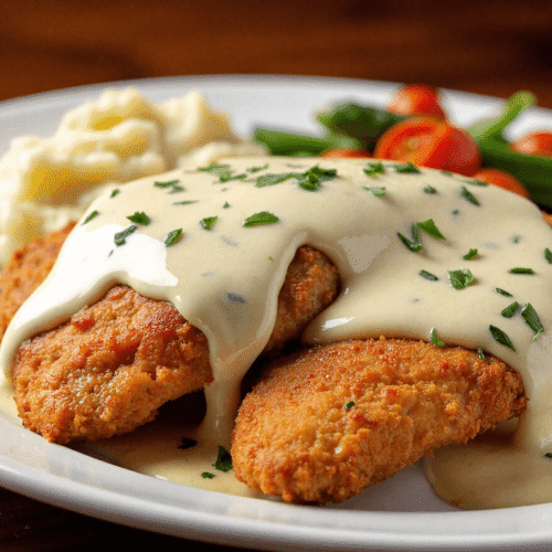 Pan-fried chicken cutlets covered in garlic butter cream sauce with mashed potatoes, green beans, and cherry tomatoes.