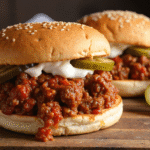 Old-fashioned sloppy joe sandwich with sweet and tangy beef sauce, pickles, and mayonnaise on a sesame bun.