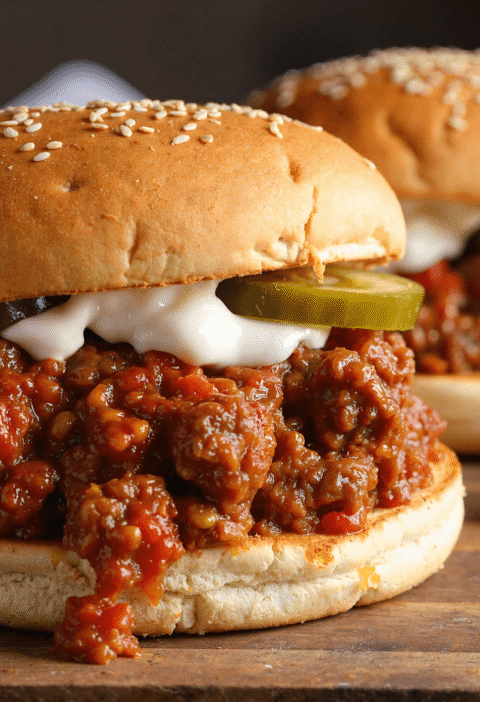 Old-fashioned sloppy joe sandwich with sweet and tangy beef sauce, pickles, and mayonnaise on a sesame bun.