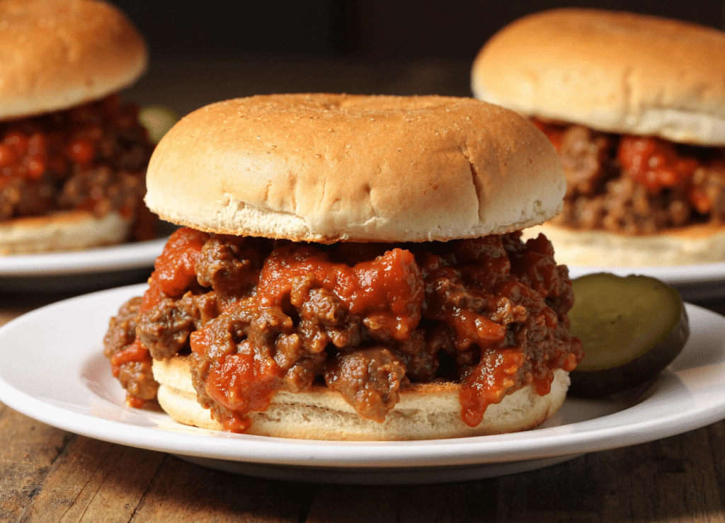 Homemade sloppy joe sandwich with ground beef in tangy tomato sauce on a toasted bun, served with pickles.