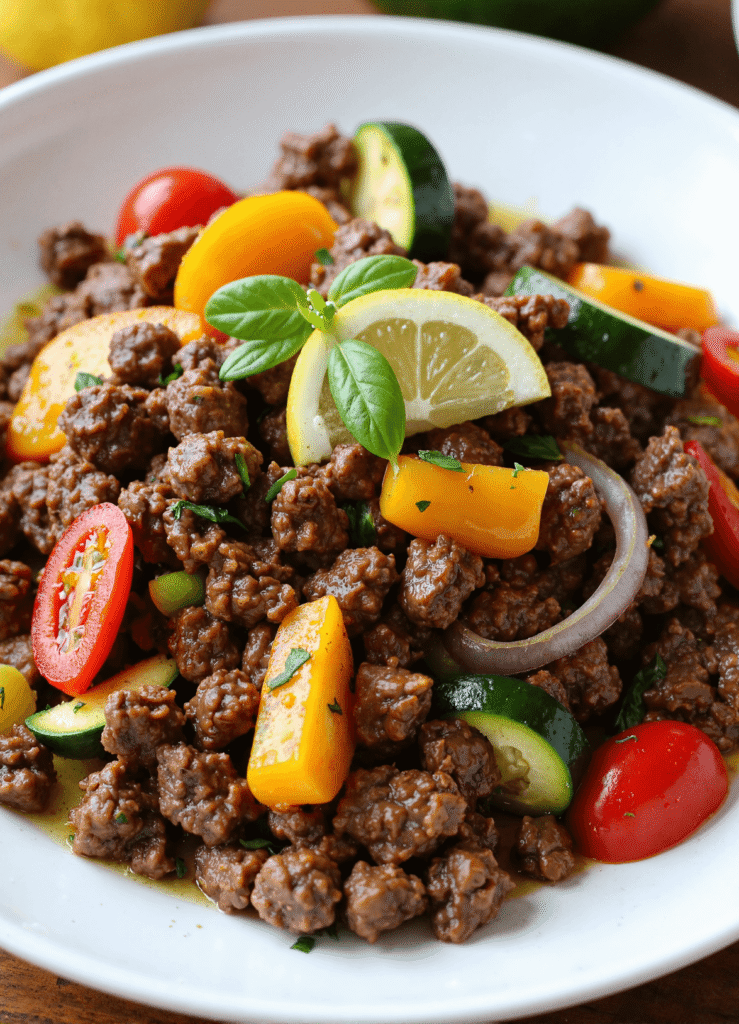 Ground beef stir fry with zucchini, yellow peppers, cherry tomatoes, red onion, and lemon wedge, garnished with fresh basil.