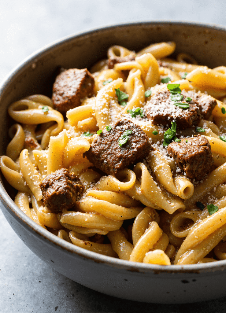Creamy pasta with tender beef cubes coated in garlic butter sauce, garnished with Parmesan cheese and parsley in a rustic bowl.