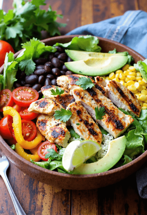 A colorful Southwest chicken salad bowl with grilled chicken breast, black beans, corn, cherry tomatoes, and avocado slices served with a zesty dressing.