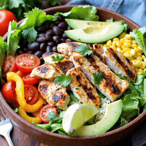 A colorful Southwest chicken salad bowl with grilled chicken breast, black beans, corn, cherry tomatoes, and avocado slices served with a zesty dressing.