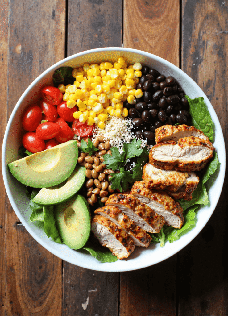 A protein-packed chicken salad bowl with avocado, grilled chicken, corn, black beans, and tortilla strips in a white bowl.