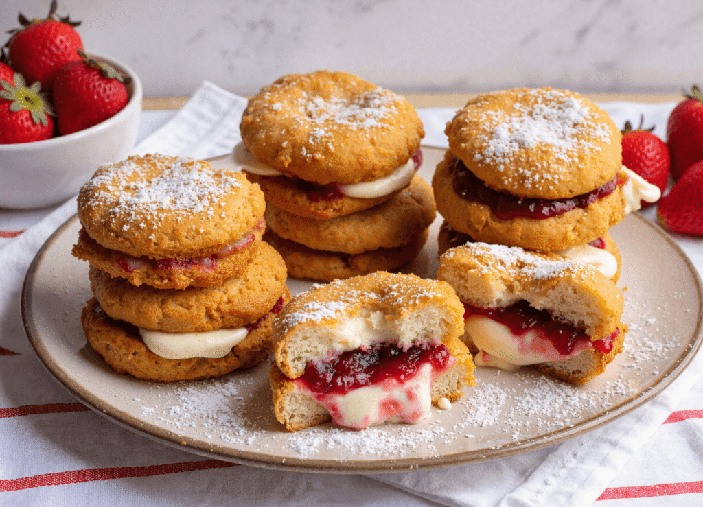 Stacked golden dessert sandwiches with strawberry and cheesecake filling, served on a plate with powdered sugar.
