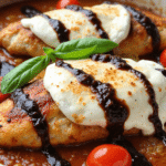 Golden-baked chicken breast topped with melted mozzarella cheese, balsamic glaze, cherry tomatoes, and fresh basil in a pan.