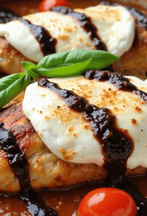 Golden-baked chicken breast topped with melted mozzarella cheese, balsamic glaze, cherry tomatoes, and fresh basil in a pan.
