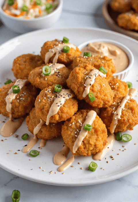 Crispy salmon bites drizzled with bang bang sauce and sprinkled with green onions and sesame seeds on a white plate.