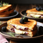Sliced blackberry balsamic and brie grilled cheese sandwich on a dark ceramic plate, topped with fresh blackberries and garnished with rosemary.