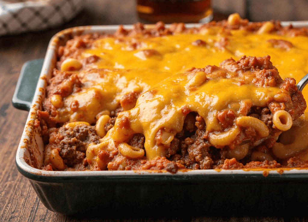 A cheesy hamburger casserole filled with ground beef, elbow macaroni, marinara sauce, and melted cheddar cheese in a green baking dish.