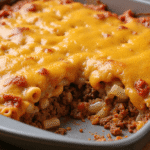 Baked ground beef and pasta casserole topped with melted cheddar cheese in a gray baking pan with a portion removed.