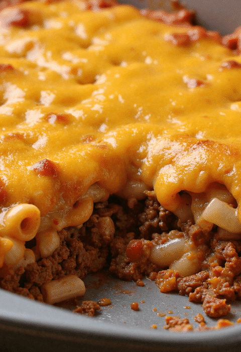 Baked ground beef and pasta casserole topped with melted cheddar cheese in a gray baking pan with a portion removed.