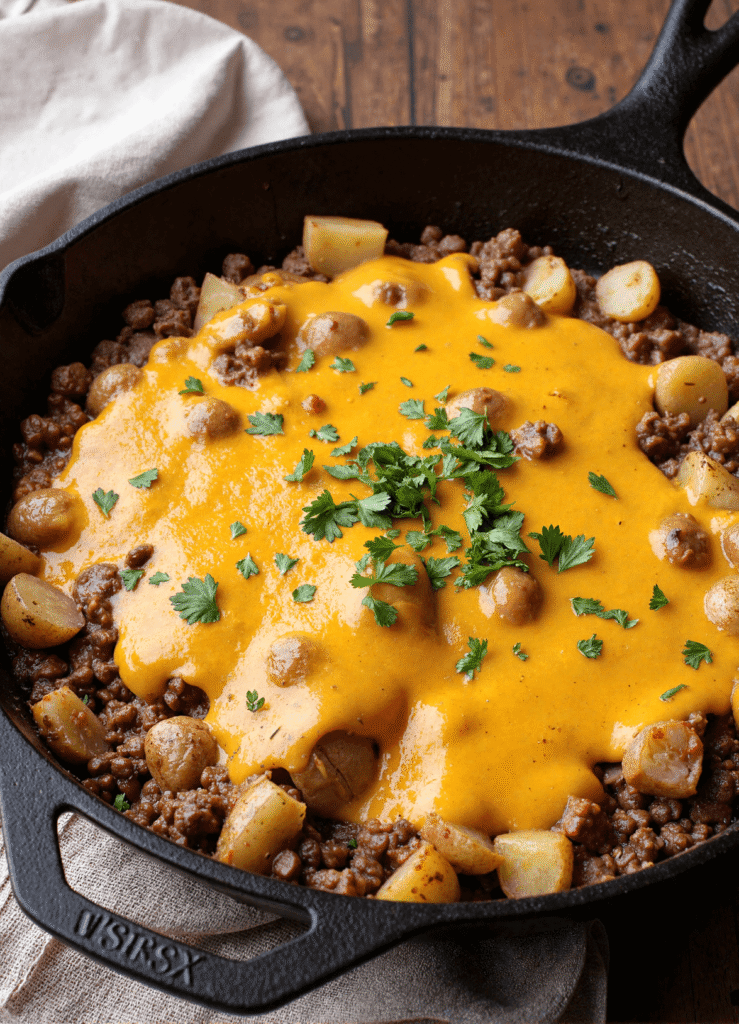 Cast iron skillet filled with crispy roasted potatoes, seasoned ground beef, and a thick cheddar cheese topping, garnished with parsley.