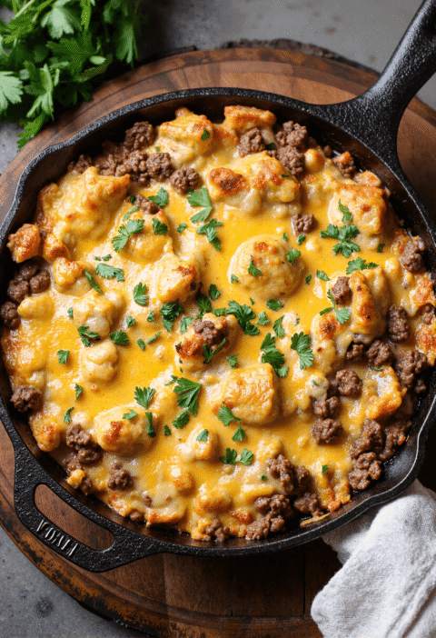 One-pan cheesy ground beef and potato skillet topped with golden melted cheese and fresh parsley, served in a cast iron skillet.