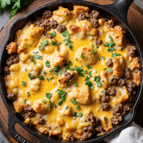 One-pan cheesy ground beef and potato skillet topped with golden melted cheese and fresh parsley, served in a cast iron skillet.