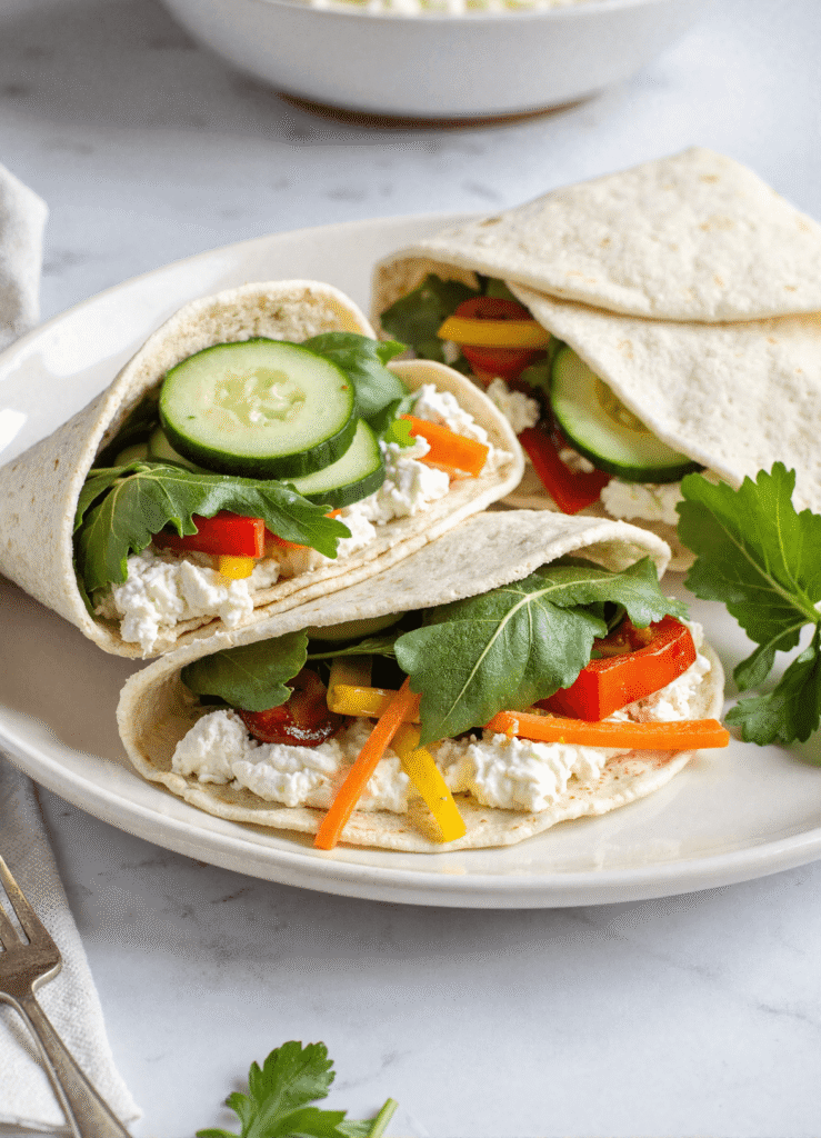 Open-face cottage cheese wraps filled with cucumbers, bell peppers, shredded carrots, and arugula, arranged on a white plate.