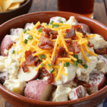 Creamy steakhouse potato salad with red potatoes, bacon, and shredded cheddar in a brown bowl.