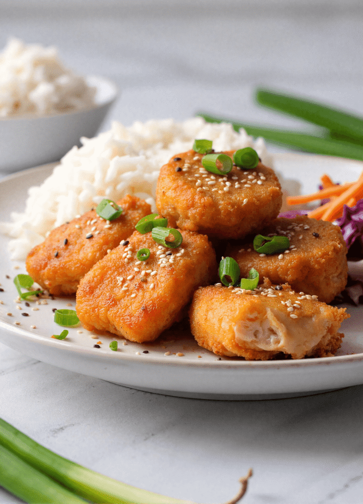 Crispy bang bang salmon bites served with white rice, shredded carrots, and purple cabbage on a white plate.
